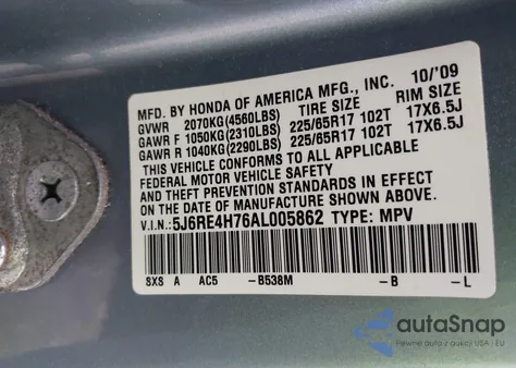 2010 Honda Cr-V Ex-L z USA, uszkodzony, nr VIN 5J6RE4H76AL005862
